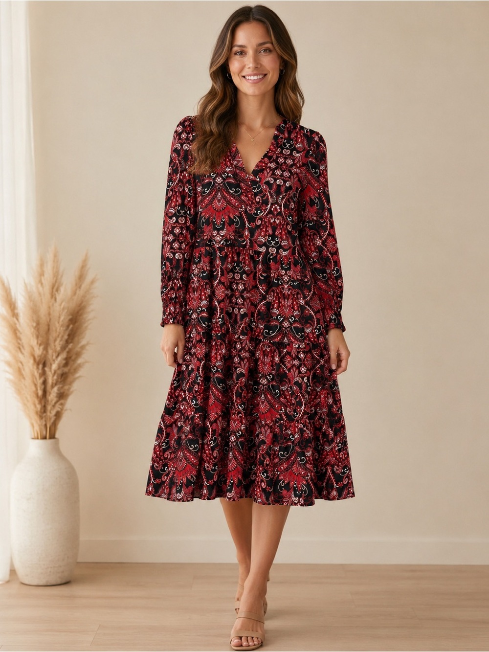 Jude Connally Red Paisley V-Neck Midi Dress